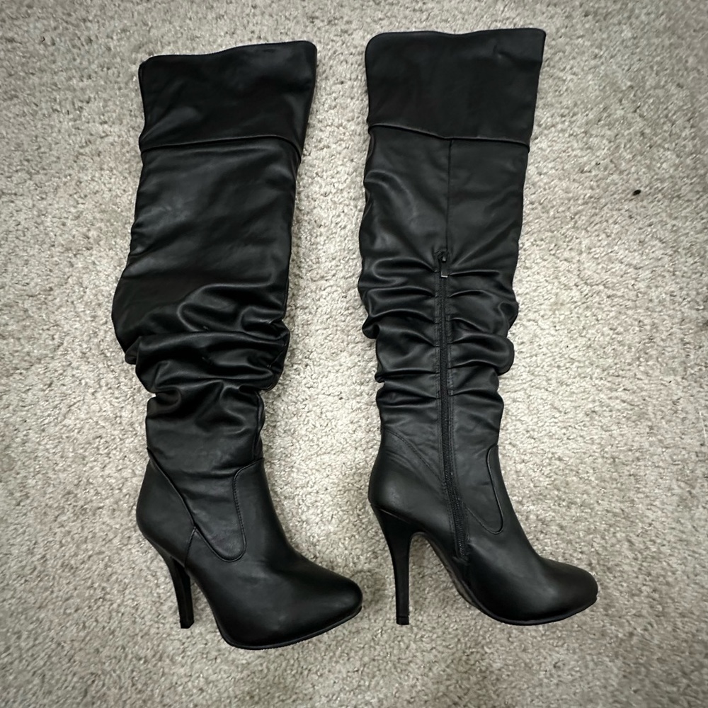Black leather runched up over the knee boots. Brandnis FOREVER not Forever 21